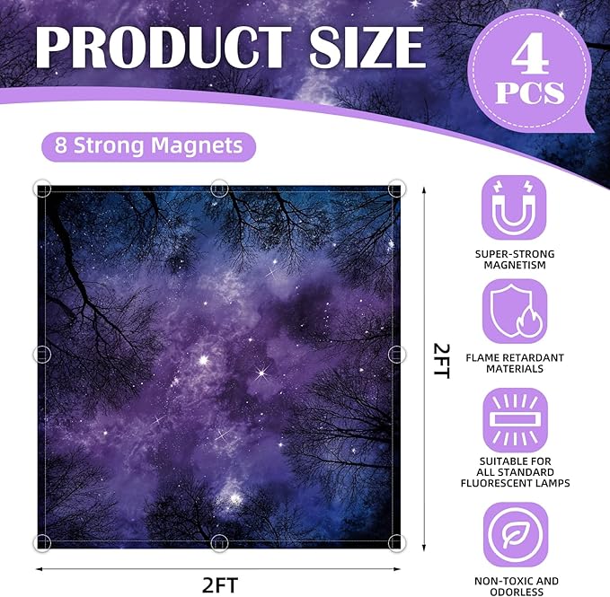 2 x 2 Feet Fluorescent Light Covers - 4 Pcs Covers for Ceiling Lights, Magnetic Light Filters for Classroom, Office, Hospitals, Home (Purple Forests & Starry Sky)