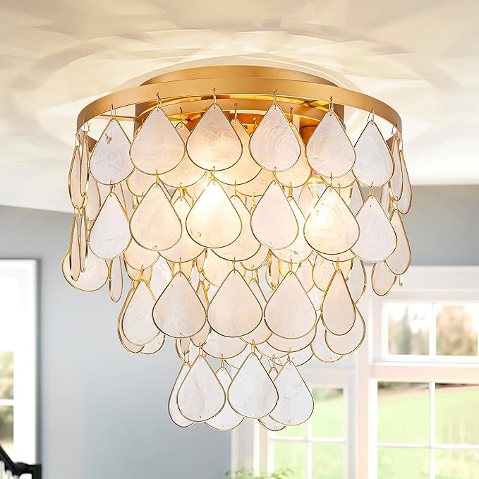 3-Light Teardrop Capiz Shell Ceiling Light, Coastal Design Flushmount Close to Ceiling Light for Kitchen, Dining Room & Bedroom, D11 * H11 inch, Gold Finish