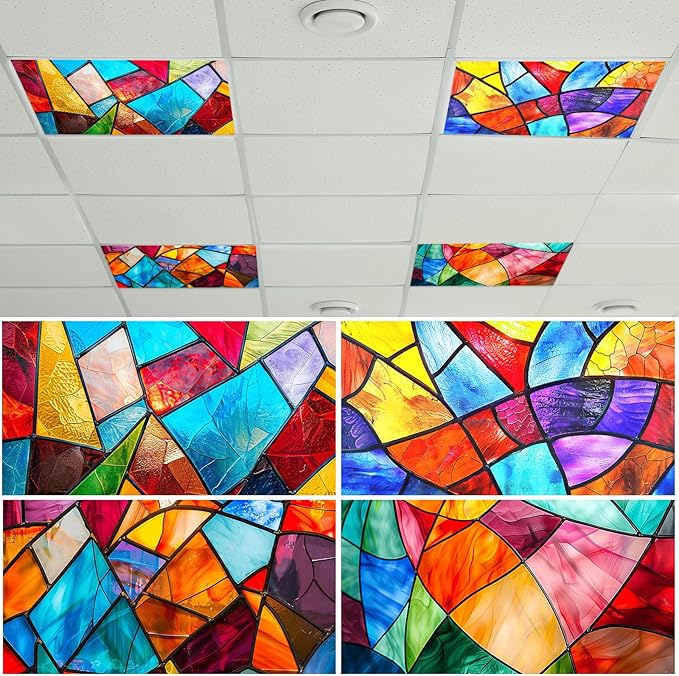 4 Pcs Fluorescent Light Covers for Classroom Ceiling Light 4 x 2 Feet Decorative Magnetic Lights Cover Filters Easy Install for School Office Home Hospitals Drop Ceiling Supplies (Retro Stained Glass)