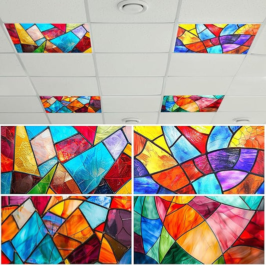 4 Pcs Fluorescent Light Covers for Classroom Ceiling Light 4 x 2 Feet Decorative Magnetic Lights Cover Filters Easy Install for School Office Home Hospitals Drop Ceiling Supplies (Retro Stained Glass)