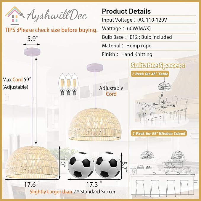 17.6 inch Cream Woven Pendant Light Wicker Pendant Lights 3-light Rattan Light Fixture Boho Chandelier Farmhouse Chandelier Dome Pendant Light for Dining Room Living Room Bedroom(Bulb Incl