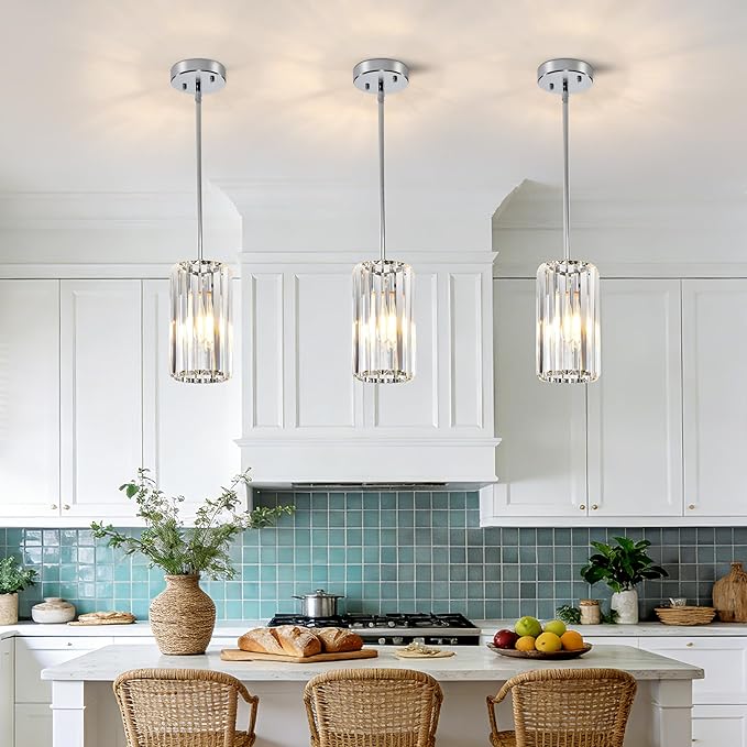 3-Pack Chrome Pendant Light Fixtures, Crystal Kitchen Pendant Lighting Over Island,Mini Modern Pendant Lights for Kitchen Island, Dining Room, Hallway, Foyer, Entryways