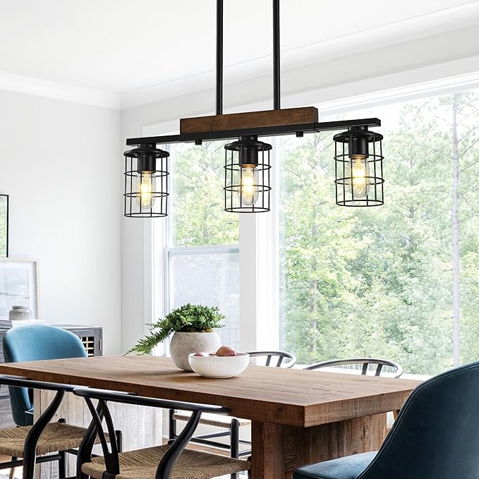 24" Farmhouse Kitchen Light Fixture, Black Hanging Kitchen Chandelier, 3-Light Rustic Dining Room Light Adjustable Height with Wood and Metal Frame, Suit for Farmhouse, Industrial Style