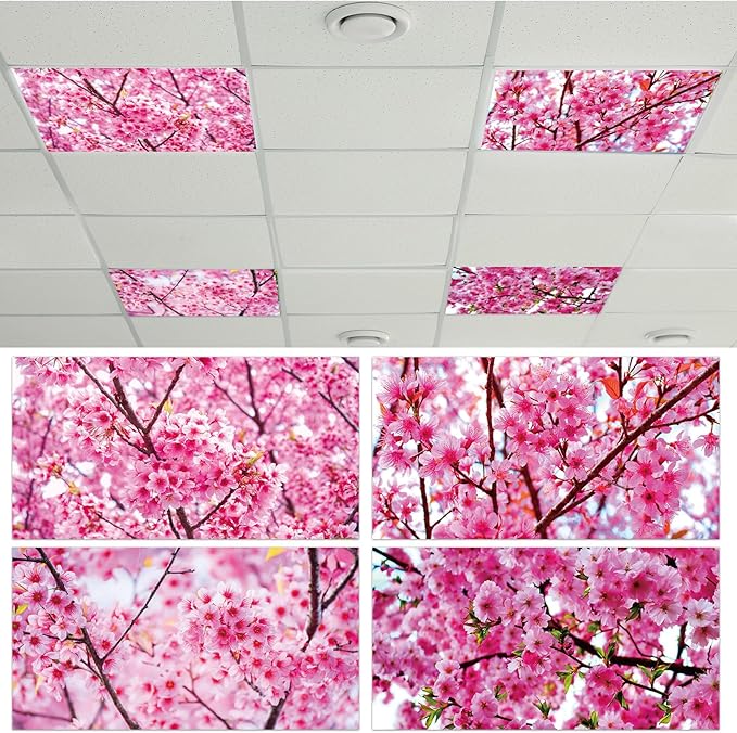 Wiooffen 4 PCS Fluorescent Light Covers for Classroom Ceiling Light 4x2ft Magnetic Lights Covers Filter Easy Install for School Office Hospitals Ceiling Supplies (Cherry Blossom)