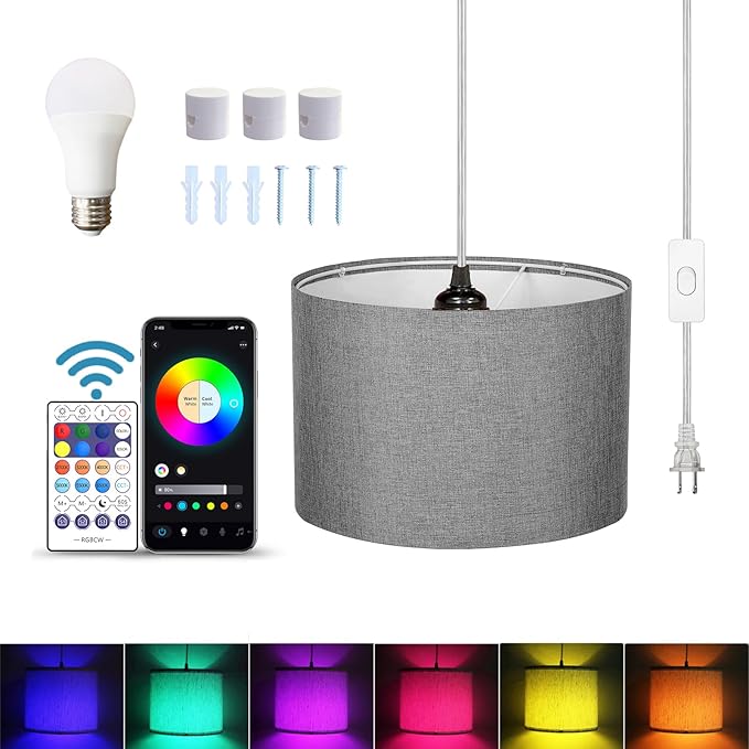 ZSLAIFU 15FT Plug in Pendant Light, Hanging Lamp with Switch,Gray Hanging Lights with Plug in Cord, Pendant Lamp with Remote Control，Pendant Light Fixture for Living Room Bedroom Farmhouse