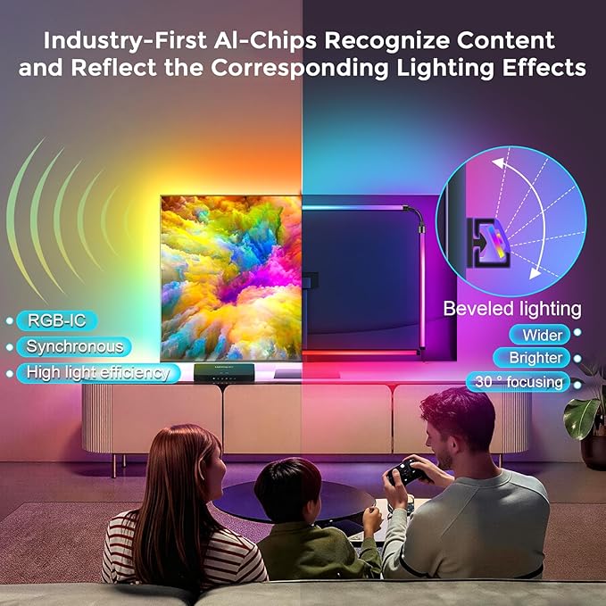 LightingWill TV LED Backlight with 4K HDMI Sync Box, 12.47ft RGBIC LED Strip Lights for 65-75 Inch TV, Sync with Screen, 3 HDMI Inputs, 60 LEDs/m High Density, App Control, Works with Alexa & Google