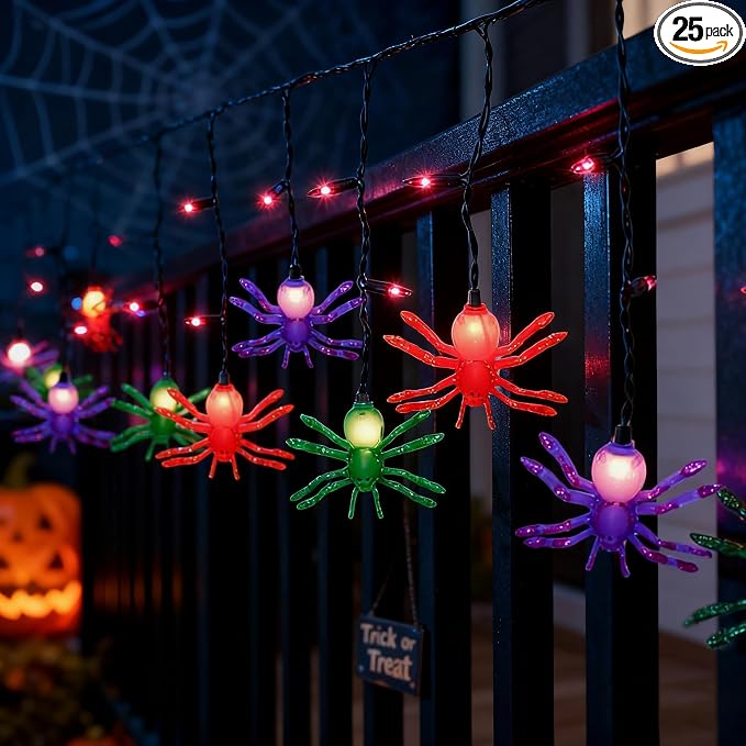 Spider String Lights, 7FT Halloween Spider Decorations Light with 10pc Colorful Spiders, 25 Mini Purple Lights, Halloween Theme Lights for House Decoration, Window Porch Outdoor Indoor Party Decor