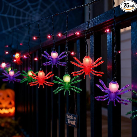 Spider String Lights, 7FT Halloween Spider Decorations Light with 10pc Colorful Spiders, 25 Mini Purple Lights, Halloween Theme Lights for House Decoration, Window Porch Outdoor Indoor Party Decor
