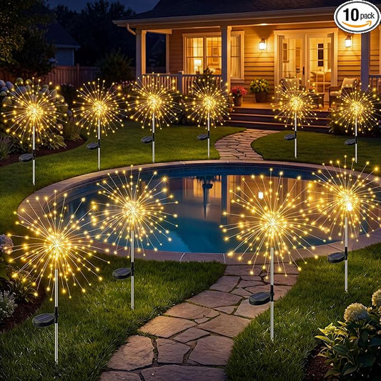 btfarm 10 Pack Solar Garden Lights Outdoor 8 Modes, 120 LED Firework Lights Solar Powered, Waterproof Twinkle Fairy Light Outside for Yard Pathway Lawn Pool Patio Christmas Decorative, Warm White