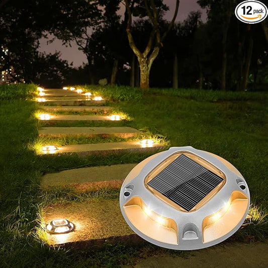 VOLISUN Solar Driveway Lights Dock Marine Lights 12 Pack,2 Colors in 1,Outdoor IP67 LED Deck Light,Solar Powered Waterproof Warning Step Light for Driveway Sidewalk Pathway (White/Warm White)