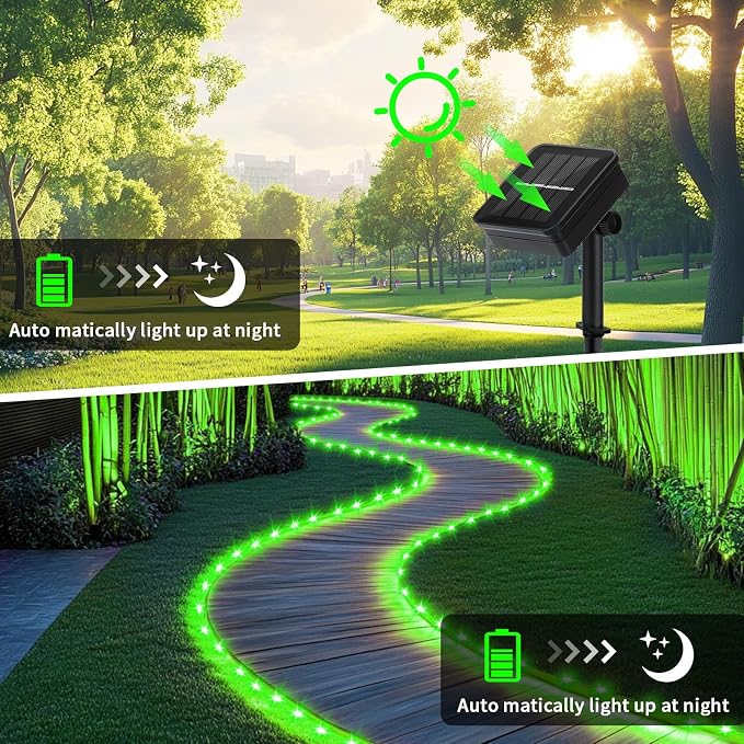 LairtPOW Solar Rope Lights, 39FT 100LEDs Outdoor Solar Strip Lights,IP65 Waterproof Outdoor Led String Lights with 8 Lighting Modes for Garden Yard Christmas Holiday Palm Tree Decoration (Green)