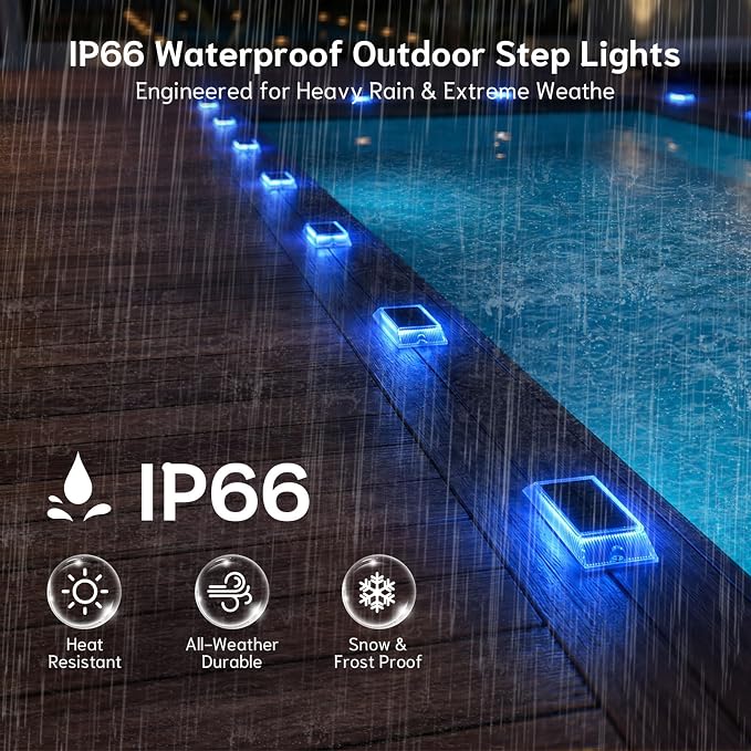 Solar Step Lights Outdoor, 2 Colors in 1 LED Stair Lights | 6 Pack Waterproof Screw Mount Deck Step Lights for Stairs, Patio, Garden, Walkway (White/Blue)