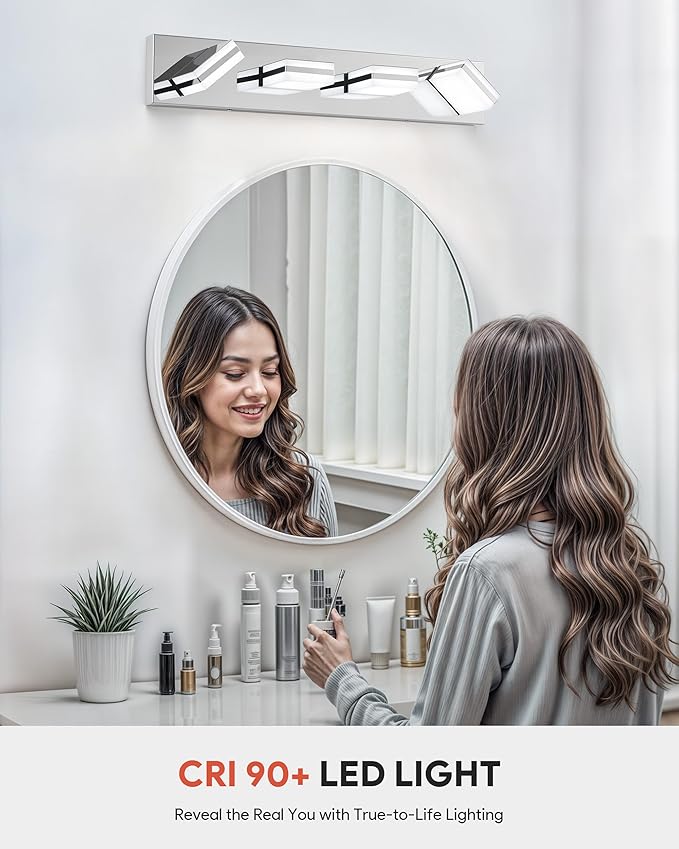 VONLUCE Bathroom Vanity Light Fixture, 4-Light Modern LED Vanity Light, 3CCT Adjustable Bathroom Lights with Memory Function Rotatable Shades, 26" Wall Lighting Fixture Over Mirror, Chrome