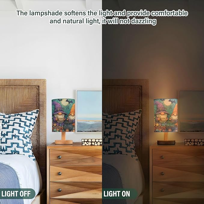 Aslsiy Halloween Gnomes Pumpkins Moon Bedside Table Lamp Bat Nightstand Lamp Night Light Fabric Shade for Bedroom Living Room Home Office