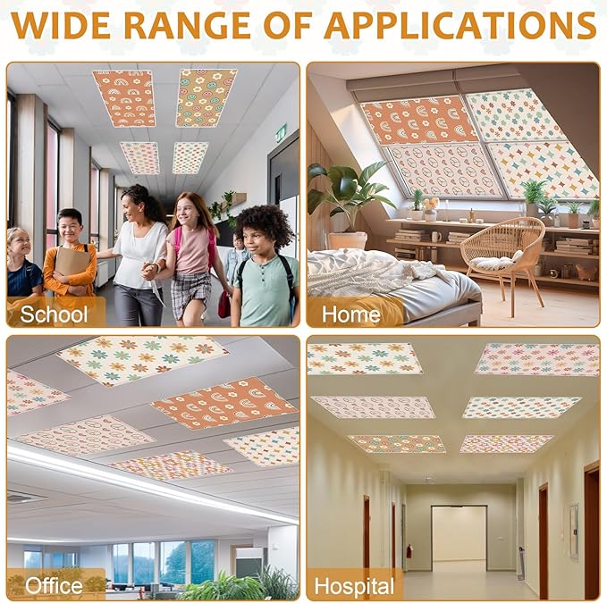 QOUBAI 8 Pcs Fluorescent Light Covers, 4 x 2 Ft Magnetic Light Filters Boho Groovy Fluorescent Lights Shade Easy Install for Classroom Office Library Hospital Home Ceiling Hippie