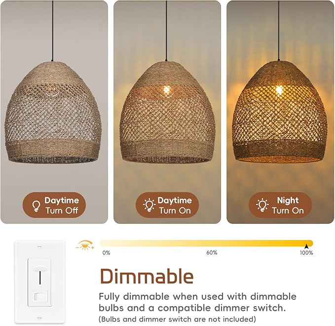 17.7" Boho Rattan Chandelier for Dining Room, 1-Light Hand Woven Pendant Light Fixture with Wicker Lampshade, Coastal Hanging Pendant Lighting for Kitchen Island Bedroom Living Room Nursery