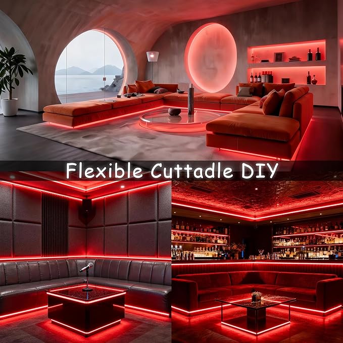 Red 10 Foot Led Lights Strip Indoor Rope Lights Easy DIY Cuttable Strip Lights for Wine Cabinet Bar Room Bathroom Living Room Kitchen Ceiling Wall Vanity Mirror Decor