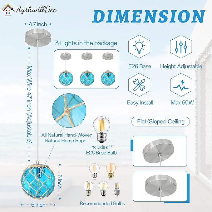 3 Pack 6" Blue Coastal Pendant Light Kitchen Island,Glass Globe Ocean Ceiling Light Fixture Beach House,Dimmable Hemp Rope Light Fixture Hanging For Bathroom Living Room Farmhouse Bedroom(Bulb Incl.