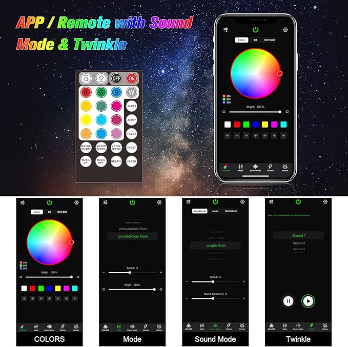 CHINLY Starlight Headliner Kit Twinkle 1000pcs 13.1ft 0.03in 20w Fiber Optic Star Ceiling Light,Bluetooth RGBW LED APP/Remote Music Mode Headliner Light Kit+10 Crystals,for Star Headliner/Home Theater