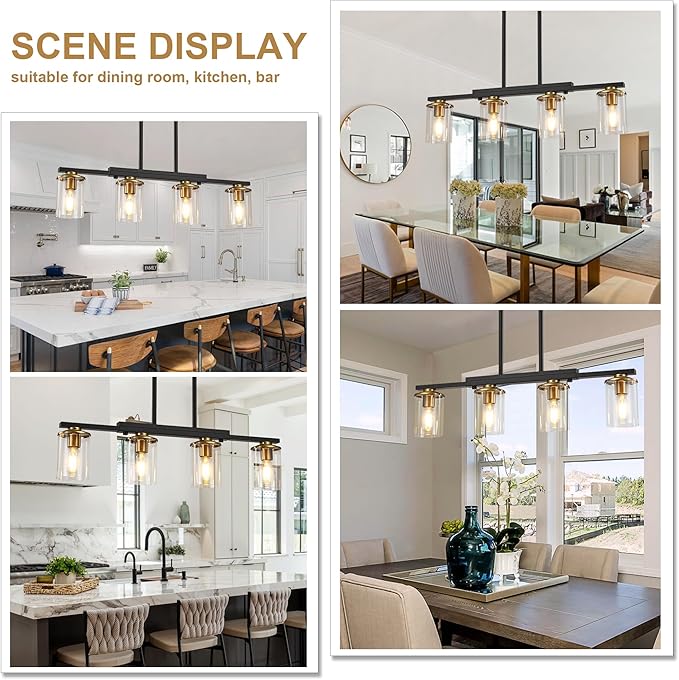 4-Light Kitchen Island Lighting,Dining Room Lights Modern Farmhouse Chandelier with Clear Glass Shade,Modern Rustic Black and Gold Metal Chandelier, Kitchen Pendant Light Fixtures Over Table