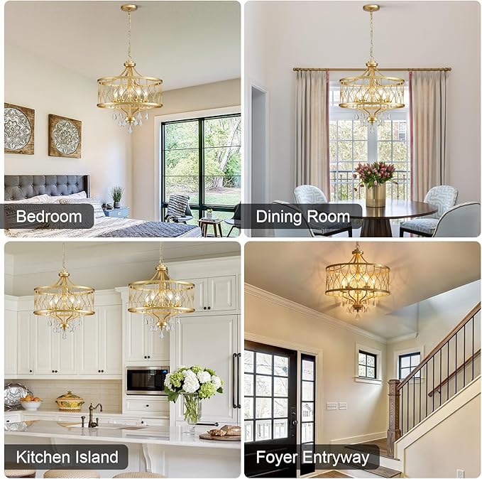 Gold Crystal Chandelier, 5-Light Modern Farmhouse Chandelier for Dining Room Vintage Hanging Pendant Light Fixtures, Gold Round Chandelier for Kitchen Island Entryway Foyer Bedroom Office Bar