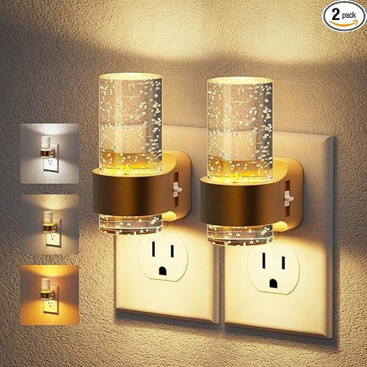 JandCase Night Lights Plug into Wall, Gold Night Light with 3 Colors, 2 Pack Dimmable Plug in Nightlight, Dusk to Dawn Sensor, Adjustable Brightness, 3000K/5000K/Amber for Bathroom Hallway Home Decor