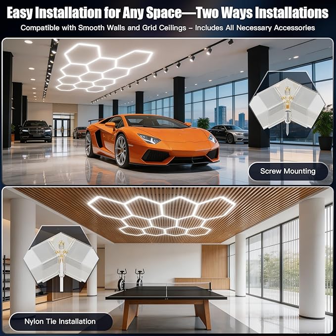 JTT Hexagon LED Garage Lights 736W 73600LM 6500K Super Bright Ceiling Shop Light for Basement Warehouse Gym Auto Beauty and Car Detailing