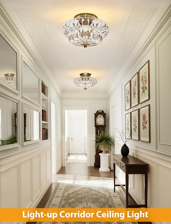 Semi Flush Mount Ceiling Light,11IN Vintage Gold Hallway Lights Fixture,3-Bulb Globe Clear Glass Close to Ceiling Light for Bathroom, Hallway, Dining Room,Bulb Not Included