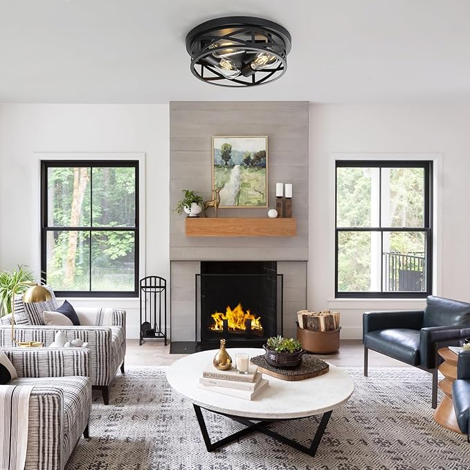 13 Inch Flush Mount Ceiling Light 2-Pack, Farmhouse Metal Cage Semi Flush Mount Ceiling Light Fixtures, Black Close to Ceiling Light for Hallway Kitchen Bedroom Entryway