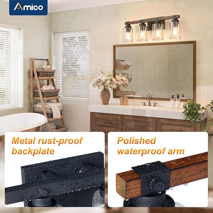 Amico Farmhouse Bathroom Vanity Light Fixtures,Rustic 4-Light Industrial Painted Wood Lights,Vintage Black Wall Sconces Bathroom Vanity Lighting with Bubble Glass Shade