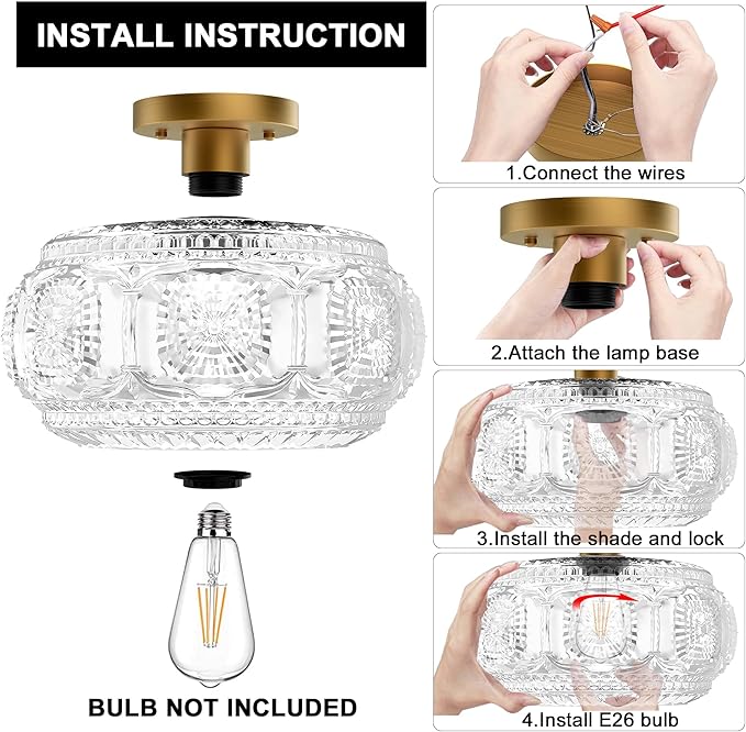 Semi Flush Mount Ceiling Light, Upgraded 12 inch Larger Gold Glass Ceiling Light Fixture, Vintage Lighting for Hallway Kitchen Bedroom Dining Room, Bulb Not Included