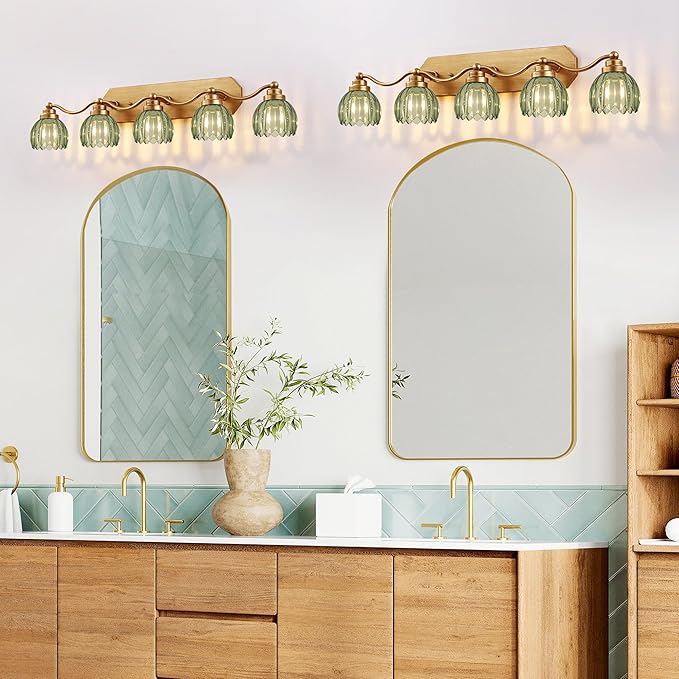 Vintage Bathroom Light Fixtures, Bathroom Lighting Fixtures Over Mirror, Gold Matte Antique Brass Finish with Green Crystal Glass Shade, Wall Sconces Lighting for Bedroom, Living Room (Green, 5-Light)