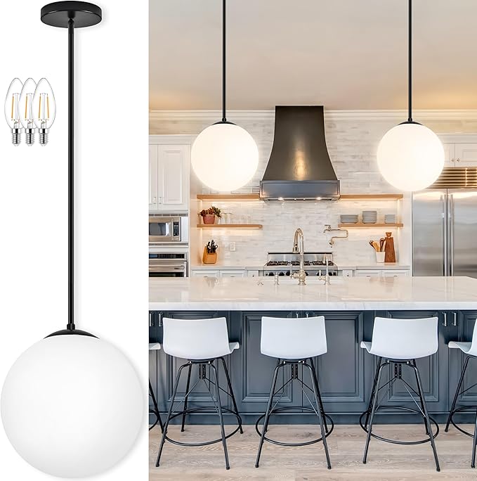 Bagood 14" Globe Pendant Light 3-Light Black Milk Glass Pendant Light Mid Century Modern Light Fixture Globe Pendant Lights Kitchen Island Matte Black Finished with Milk Glass Lampshade for Bedroom