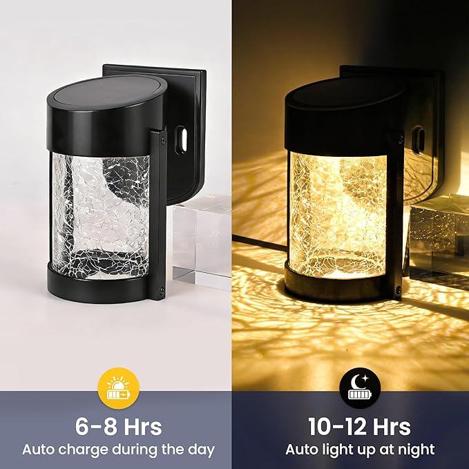 PEVOROS 2 Pack Solar Fence Lights Outdoor, Crackled Glass Wall Light for Porch, Fence, Shed, Barn, Patio, Glass Crackle Lampshade with Warm LED Light