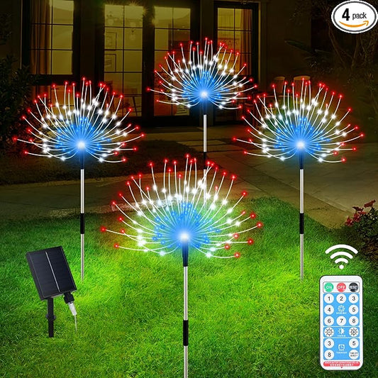 Slyuexu Solar Garden Lights Outdoor, 4 Pack Total 480 LED Solar Firework Lights Decorative 4th of July Decoration, Outdoor Waterproof Lights for Outside Yard Garden Pathway Decor