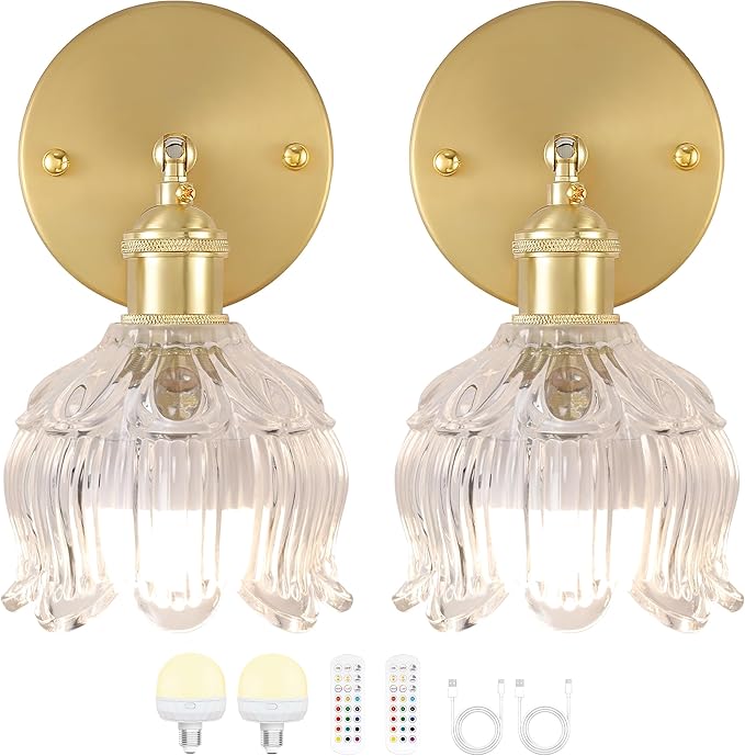 Wireless Wall Sconce with Flower lampshade, Battery Operated Wall Lights,Wall lamp with 15 Colors for Bedroom Living Room Home Decor (Clear, 2 Light Battery Operated)