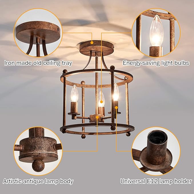 UOFUS 3-Light Farmhouse Vintage Semi Flush Mount Ceiling Light Fixtures in Rustic Bronze Metal Chandelier for Island Living Room Bedroom Kitchen Foyer Laundry Room Entryway Hallway