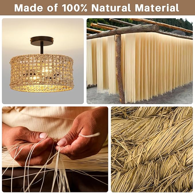 Boho Rattan Ceiling Light Fixture, 12.6" Woven Drum Flush Mount Light, Rustic Farmhouse Wicker Semi Flush Lighting for Bedroom, Kitchen, Living Room, Entryway, Hallway, Modern Coastal Lamp