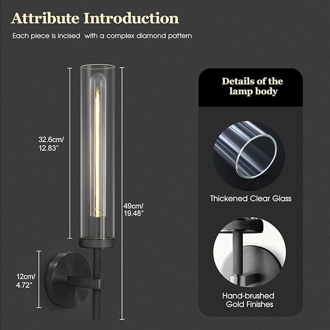 Black Wall Sconces Set of Two, 19" Knurled Black Sconces Wall Lighting, Tube Glass Bathroom Sconces Wall Lights for Bedroom Living Room Vanity Sconce Wall Lamp for Hallway, Staircase