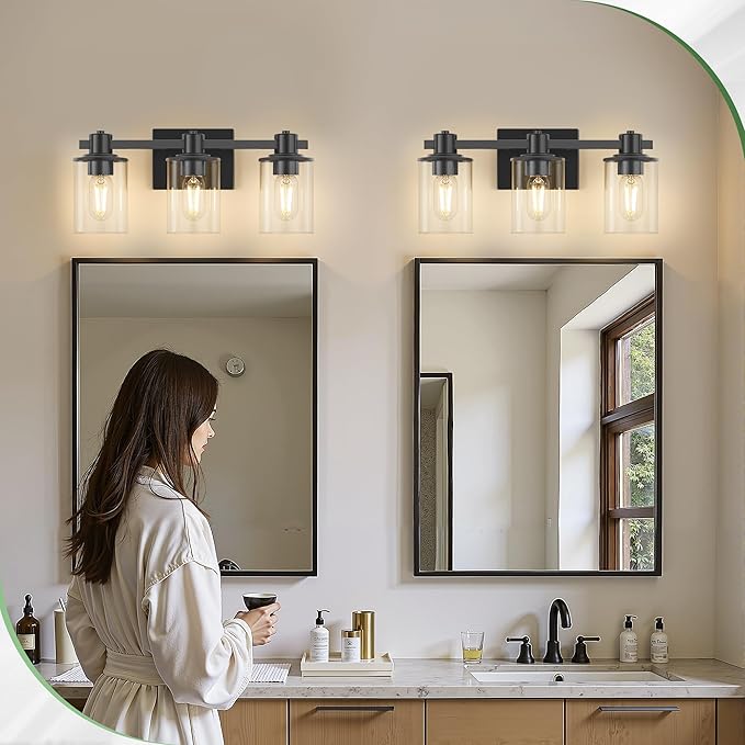 DORESshop 20 Inch Upgraded Bathroom Light Fixtures, 3-Light Black Bathroom Lighting Fixtures Over Mirror with Clear Glass Shade, Vanity Lights for Bathroom Living Room Bedroom, ETL Listed