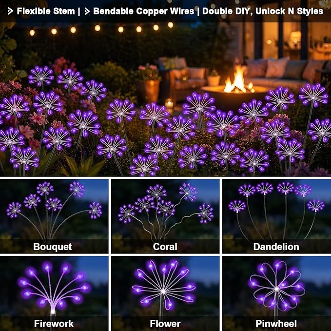 Solar Garden Lights Outdoor, Upgraded Solar Swaying Starburst Light Waterproof with 2 Modes, Solar Fairy Firework Lights for Yard Patio Pathway Flowerbed Balcony Garden Decoration (Purple, 2 Pack)