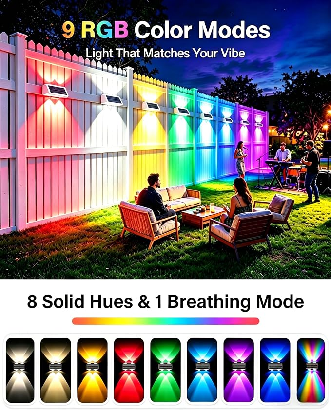 Solar Fence Lights Outdoor, 2 Pack 100LM Fence Lights Solar Powered, 9 Color Modes, Up and Down LED Focused Beam, 12H Dusk to Dawn Glow for Pool/Patio/Wall/Backyard - White
