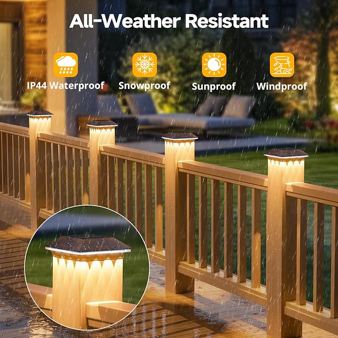 Mlambert 8 Pack Solar Post Cap Lights Outdoor - 3 Lighting Modes Waterproof LED Solar Post Lights Fit 3.5×3.5 Wood/4×4 Vinyl Fence Deck Posts, Brown