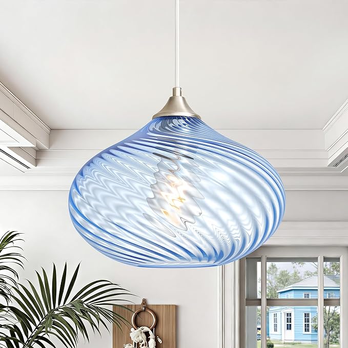 Glass Pendant Lights Kitchen Island, 11'' Brushed Nickel Pendant Lighting Fixtures, Modern Hanging Ceiling Light with Striped Blue Glass Shade for Farmhouse Dining Room Bedroom Hallway(1 Pack)