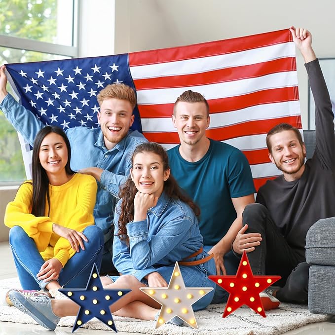 Tujoe 3 Pcs 4th of July Star Shaped Lights LED Independence Day Signs Red White and Blue Patriotic Star Centerpieces for Tables Indoor Outdoor 250th Independence Day Party Decorations(Smooth)