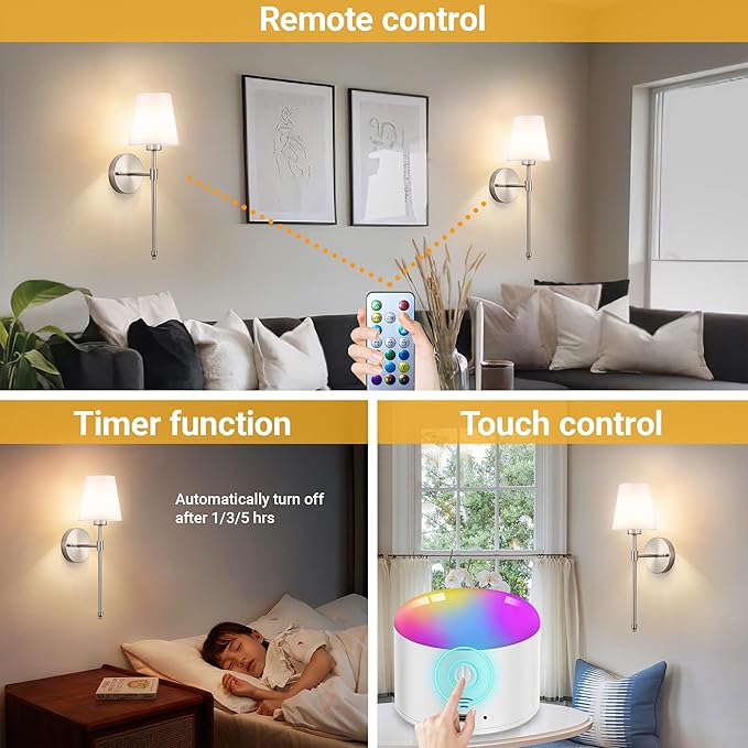 YHCDLAMP Battery Operated Wall Sconce Set of 2, Rechargeable Wall Sconce with 10000mAh Bulb and Remote Control, Up to 50 Hrs Use, RGB Dimmable Wireless Wall Lights for Living Room Bedroom Hallway