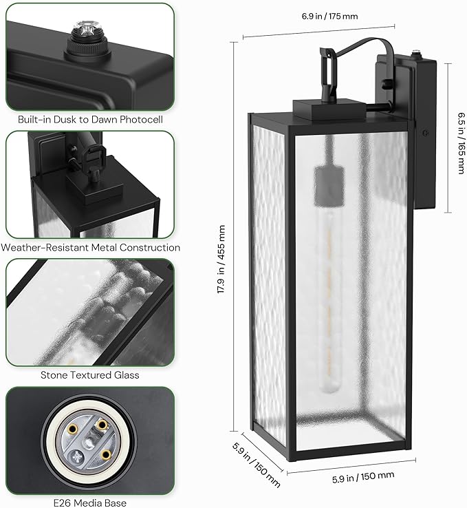 DORESshop 18 Inch Large Size Dusk to Dawn Outdoor Wall Lights, Matte Black Waterproof Anti-Rust Outdoor Light Fixtures Wall Mount with Water Ripple Glass Shade for Porch, with T30 Light Bulbs, 2 Pack