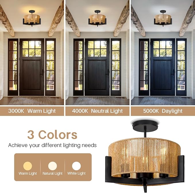 Boho Light Fixture,13.6'' Rattan Ceiling Lights,3-Light Coastal Semi Flush Mount Ceiling Light Fixture,Farmhouse Chandelier, Nursery Light Fixtures,Flush Mount Lights for Bedroom Entryway