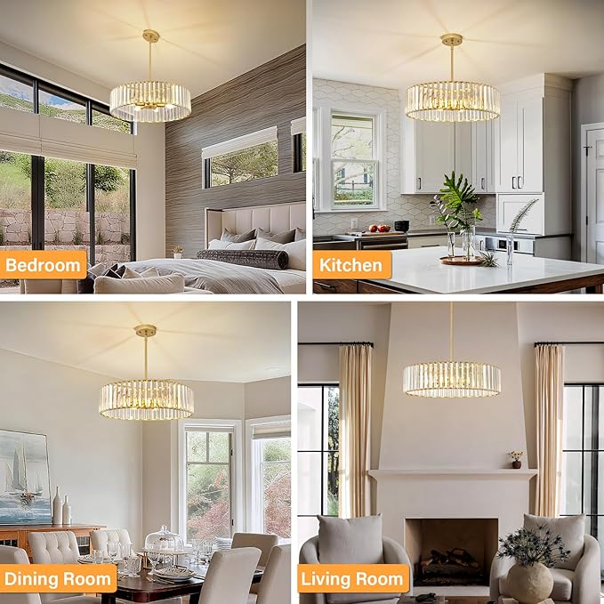 Glod Crystal Ceiling Light Fixture, Modern Semi Flush Chandelier, Round Hanging Lighting Chandeliers for Dining Room, Kitchen, Bedroom, 6-Light, 19.68 Inch