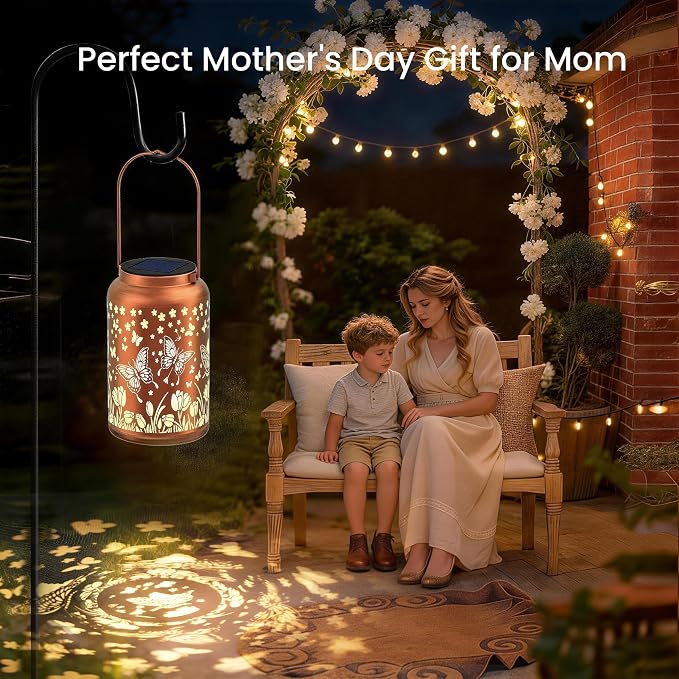 JEJOT Butterfly Solar Lanterns Outdoor Waterproof, Mothers Day Gifts, Birthday Gifts for Women Mom Grandma,Metal Hanging Solar Lantern for Yard,Garden,Porch Landscape Deconrations-1 Pack